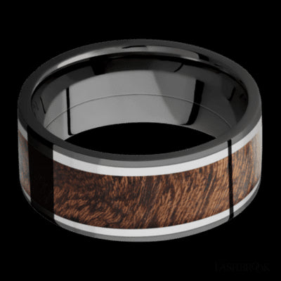9 mm wide/Flat/Zirconium band featuring inlays of Titanium and Sapele.